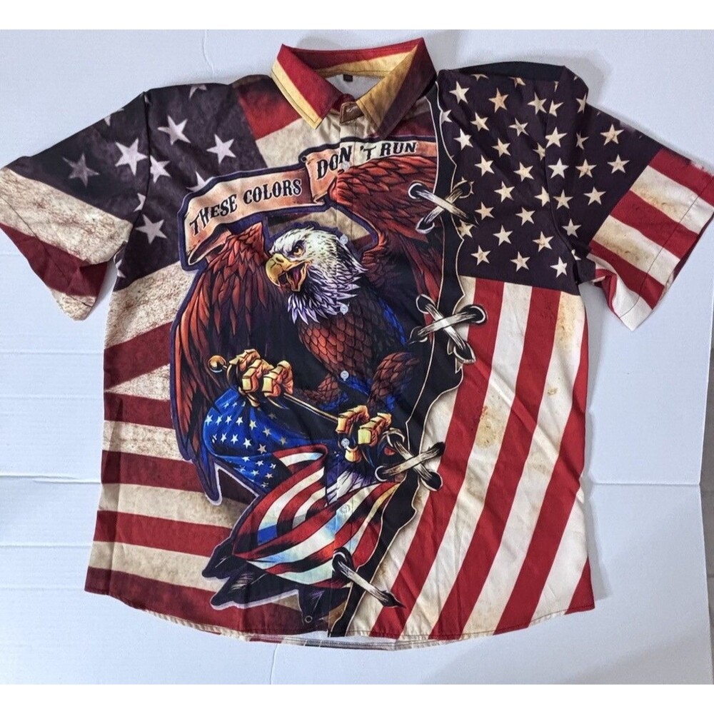 USA Flag These Colors Don't Run Short Sleeve Button Down Shirt, Men's XXL